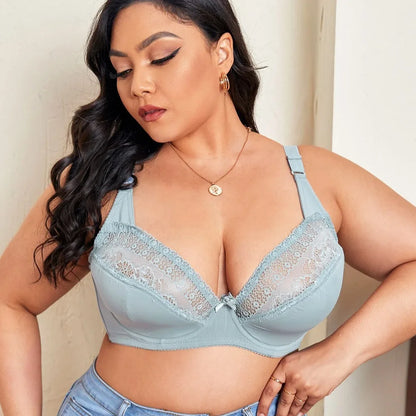 Grey-Green Elegant Lace Ultra-Thin Unlined Full Cup Bras for Plus Size Women - Underwire Support (DD-G Cups, Sizes 40-52)