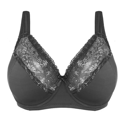 Black & Grey Purple Lace Full Cup Unlined Bras, Underwire, Plus Size 40-52 (DD-G).