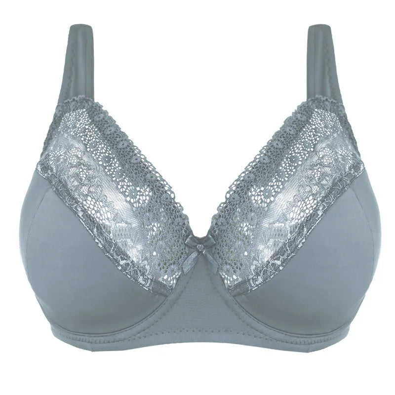 Grey-Green Elegant Lace Ultra-Thin Unlined Full Cup Bras for Plus Size Women - Underwire Support (DD-G Cups, Sizes 40-52)