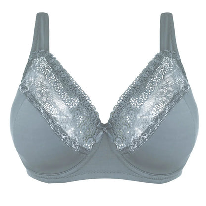 Grey-Green Elegant Lace Ultra-Thin Unlined Full Cup Bras for Plus Size Women - Underwire Support (DD-G Cups, Sizes 40-52)