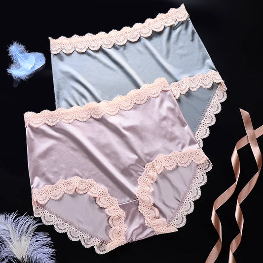 Women's High-Waist Satin Panties – Sexy Lace Ruffles, Seamless Silky Traceless Plus Size Underwear