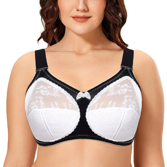 Elegant Lace Minimizer Bra - Plus Size, Wireless, Unlined, Adjustable Straps (Black/White, Beige)