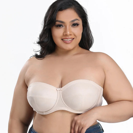 The Magnolia Spring Plus Size Strapless Push-Up Bra offers seamless support with unlined cups, removable straps, and sizes ranging from B to H.