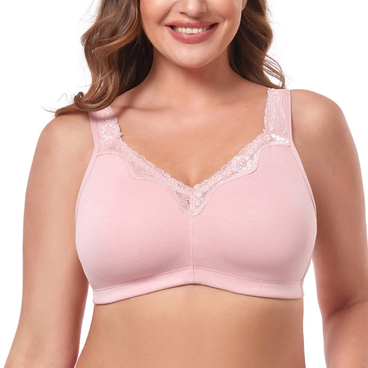 Magnolia Spring Women's Plus Size Lace Cotton Wire-Free Comfort Bra - Full Coverage, Wide Straps, Non-Foam.