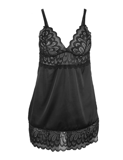 Black Lace Babydoll Lingerie with Floral Pattern, Hollow-Out Mesh, and Plus-Size Fit