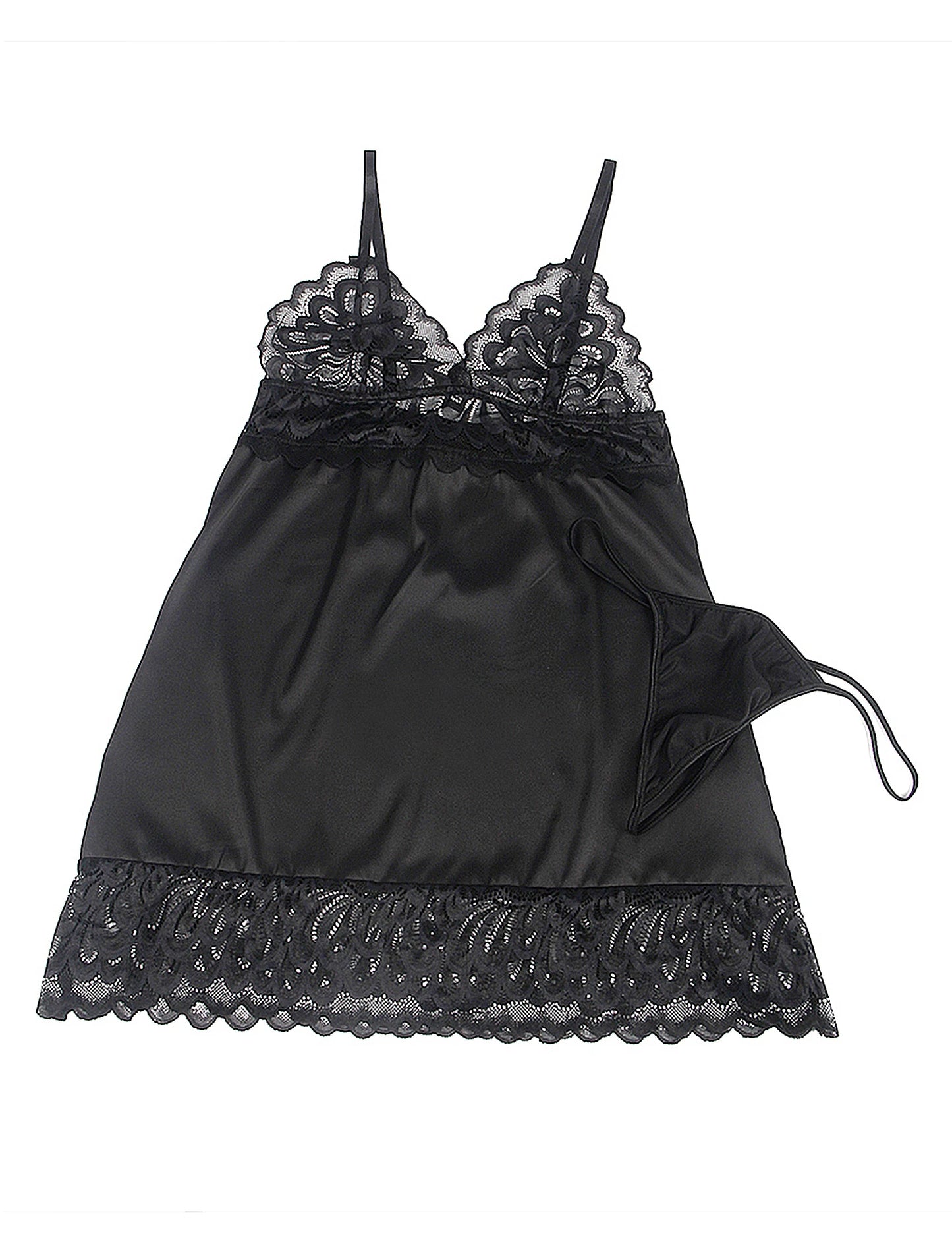 Black Lace Babydoll Lingerie with Floral Pattern, Hollow-Out Mesh, and Plus-Size Fit