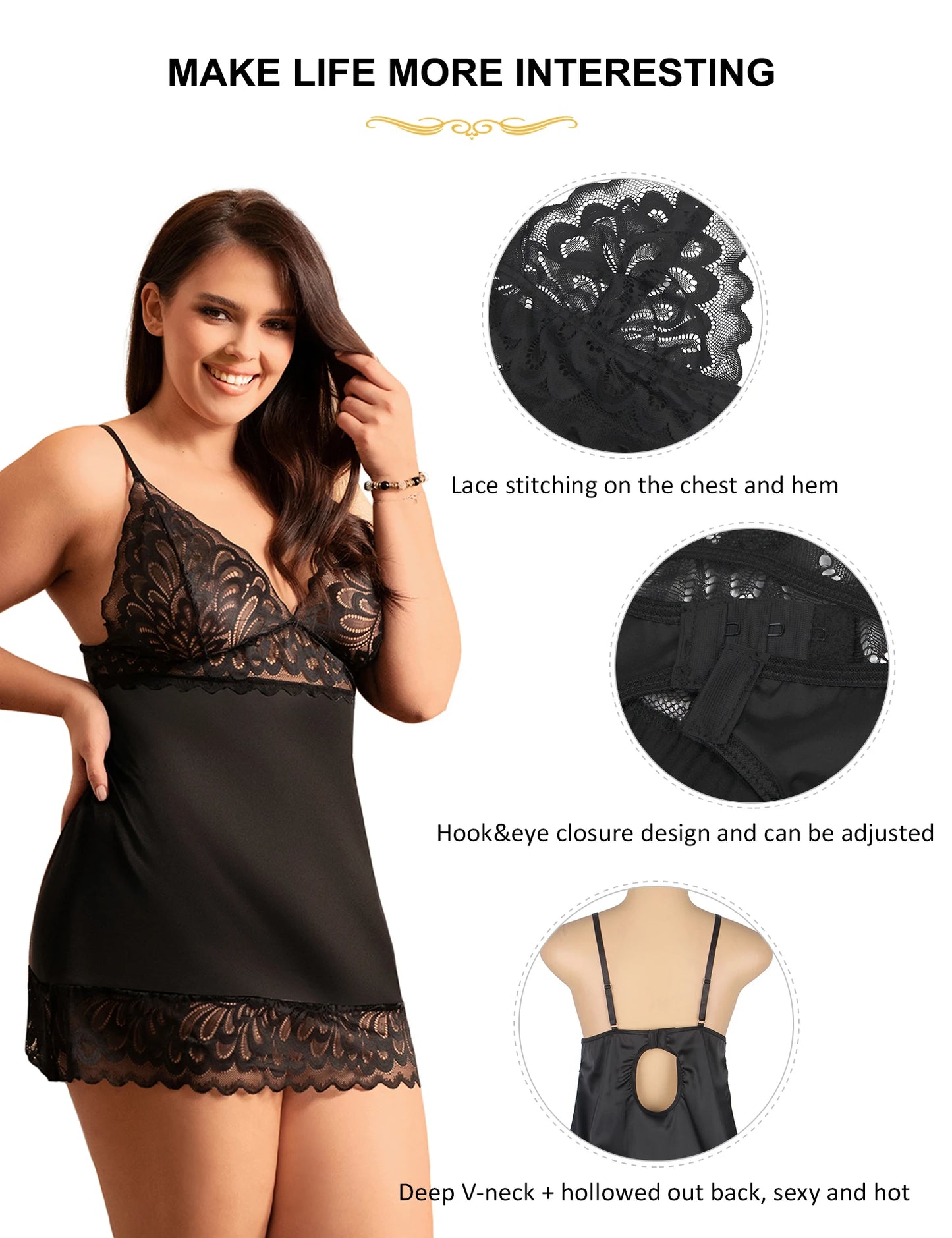 Black Lace Babydoll Lingerie with Floral Pattern, Hollow-Out Mesh, and Plus-Size Fit